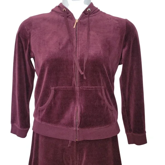 NY&C Velour Sweatsuit Sz M Burgundy Zip Hoodie Wide Leg Pants Set Y2K Athletic - Picture 11 of 14